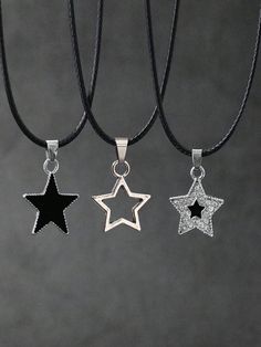 3pcs Gothic Vintage Rock Style Star Pendant Necklaces With Black Cords And Rhinestone Decor, Y2k Streetwear Fashion Jewelry Black    Zinc Alloy     Women Fashion Jewelry, size features are:Bust: ,Length: ,Sleeve Length: Streetwear Jewelry Women, Cool Accessories Fashion, Rockstar Girlfriend Accessories, Silver Stars Aesthetic, Black Jewelry Aesthetic, Grunge Jewellery, Vintage Rock Style, Goth Necklaces, Collares Aesthetic