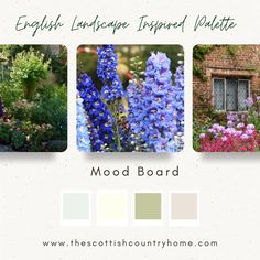 the english landscape inspired palette mood board is full of beautiful flowers and greenery in shades of blue