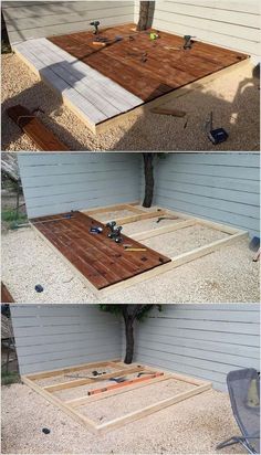 two pictures showing how to build an outdoor table