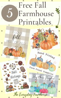 the five free fall farmhouse printables are on display in this postcard set