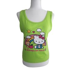 New With Tags Length: 21in Pit To Pit: 17in Scene Tank Top, Multicolor Cat Print Cotton Tops, Y2k Cotton Top With Cat Design, Y2k Sleeveless Top With Hello Kitty Print, Playful Sleeveless Top With Hello Kitty Print, Playful Green Tops For School, Playful Green Top For School, Fun Cotton Tops With Hello Kitty, Cute Green Top With Cartoon Print