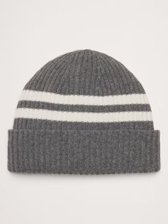 We knitted this warm beanie using a ribbed stitch using our signature all-season Merino wool blend, beloved for its natural softness and breathability.  Here, we added a retro-inspired stripe detail on one side, knitting it so it's fully reversible.  Responsible Wool Standard Certified: This global standard protects the sheep that supply the wool for this garment as well as the land they graze, working to make it better for the environment and the sheep. The Sheep, The Land, Retro Inspired, Merino Wool, Sheep, Banana Republic, Wool Blend, Accessories Hats, No Response