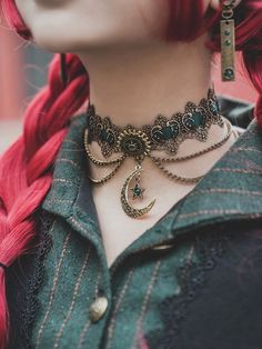 Attention: This price includes a choker only, others are not included.  Neck Circumference: 31cm-36cm Devil Inspired, Gears And Cogs, Moon Choker, Steampunk Aesthetic, Lace Choker Necklace, Choker Designs, Vintage Steampunk, Fairytale Fashion, Lace Choker