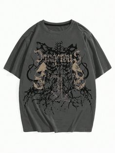 Camiseta de manga corta casual de verano para hombres con estampado de calavera y letras cuello redondo Gris Casual  manga corta Tela Animal,Halloween,Letras  Elástico Ligero  Men Clothing, size features are:Bust: ,Length: ,Sleeve Length: Y2k Shirt Ideas, Goth T Shirt Outfit, Grunge Shirts Men, Emo Clothing Men, Cool T-shirts, Kuromi Shirt, Emo Tshirt, Grunge T Shirts, Grunge Shirts