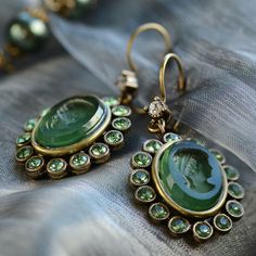 Forest Green Intaglio Earrings E1268 Victorian Green Cameo Jewelry, Classic Green Clip-on Earrings, Victorian Green Earrings For Wedding, Antique Green Clip-on Jewelry, Victorian Green Drop Earrings, Victorian Green Earrings For Gift, Green Victorian Earrings As Gift, Green Victorian Earrings For Gift, Green Victorian Earrings Gift