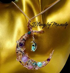 Crescent MOON pendant, unique, original. purple and blue. gift for her, handmade, one of a kind. Large statement pendant includes beads and crystals very pretty. chain not included. has a cute man in the moos dangle charm added for fun-the moon being mooned! This pendant has 20 beads, crystal, stones, hematite, mermaid glass and Swarovski. Druzys and resin. The wire is tarnish proof pink coated copper, the moon frame is raw copper which will oxide with exposure to air and sun etc. keep in an air Moon Frame, Mermaid Glass, Crescent Moon Pendant, Necklace Purple, Crescent Moon Necklace, Blue Gift, Spiritual Meaning, Crystal Stones, Statement Pendant