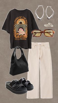 a woman's outfit and accessories including sunglasses, sandals, t - shirt and bag