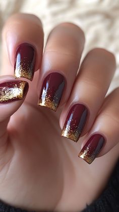 Deep burgundy nails with gold foil tips bring a bold, luxurious vibe to your November look. This striking combo is perfect for fall evenings! Click the pin and follow us for more nail inspiration. #BurgundyNails #GoldFoilNails #FallNails #NovemberNails #NailInspo November Nail Ideas, Burgundy Nail Art, November Nail, Year Nails, Simple Fall Nails, November Nails, Nails Arts