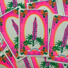 six pink and green greeting cards with flowers on them