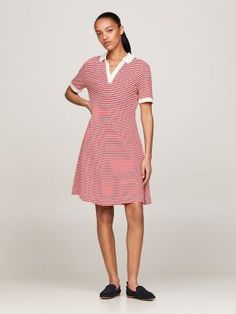 Open Placket Stripe Polo Dress Casual Striped V-neck Shirt Dress, Casual Striped Shirt Dress With V-neck, Spring Workwear Dresses With Contrast Stripes, Striped Fitted V-neck Shirt Dress, Striped V-neck Shirt Dress For Daywear, Casual Short Sleeve Dresses With Striped Collar, Contrast Stripe Dresses For Workwear, Casual Summer Dress With Striped Collar, Summer Polo Dress With Collared Neckline For Work