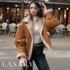 Lasaky - Faux Shearling Jacket with Collared Patch Pockets on Long Sleeves Winter Sheepskin Outerwear With Faux Fur Trim, Shearling Fur Coat With Faux Fur Lining, Winter Shearling Fur Coat With Long Sleeves, Fall Sheepskin Fur Coat With Faux Fur Lining, Fall Outerwear With Faux Fur Lining And Sheepskin, Fall Sheepskin Outerwear With Faux Fur Lining, Sheepskin Fur Coat With Faux Fur Lining, Sheepskin Long Sleeve Outerwear For Fall, Winter Sheepskin Leather Jacket With Pockets