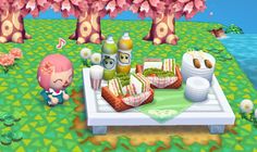 an animal crossing game with food and drinks on the table