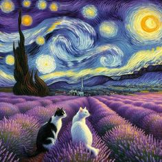 two cats sitting in the middle of a lavender field at night with stars above them