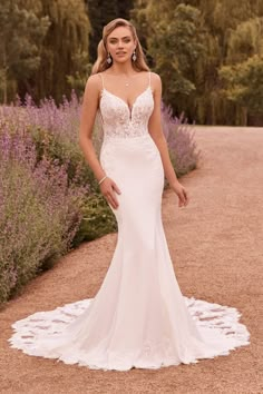 a woman in a white wedding dress standing on a path with lavender bushes behind her