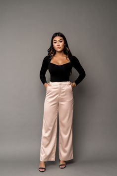 Lindsey Stovepipe Trouser Created in collaboration with Lindsey of The Motherchic. Paired with our Megan Knit Sweetheart Neck Bodysuit. Casual Satin Dress, Satin Pant, Satin Trousers, Satin Pants, Holiday Essentials, Pink Pants, Sweetheart Neck, Dress Pant, Satin Dress