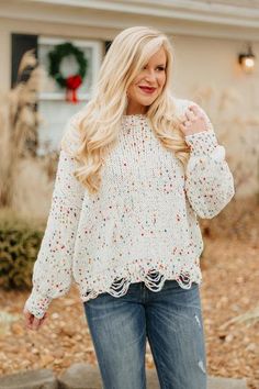 Mimi Distressed Confetti Popcorn Sweater ~ Ivory  #onlineboutique #shoponline #falltransition #fall2019 #womensfashion #shoponline #onlineshopping #beyouboutique #shopthebyb #fallfashion Confetti Popcorn, Popcorn Sweater, Cowl Neck Sweatshirt