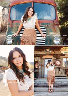 a woman standing in front of an old truck with her hands on her hips and smiling at the camera