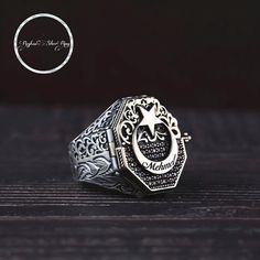 Our ring is made of 925 Pure Silver with Moon Star Stamped.  Our products are carefully handcrafted and personalized. Ottoman empire intelligence agency symbol ring The model with our ring cover, the crescent and star on the top, a personalized name can be added in the middle of the crescent, there is the ottoman empire intelligence agency logo under the cover, name, picture, logo plate etc. can be added, thank you for reading Moon Star Ring, 925 Sterling Silver Men's Ring Finger Rings For Men Silver Celestial Signet Ring As Gift, Silver Celestial Style Signet Ring For Gift, Celestial Silver Signet Ring For Gift, Symbolic Handmade Crescent Rings, Handmade Symbolic Crescent Rings, Unique Handmade Crescent Rings, Handmade Silver Heirloom Signet Ring, Custom Handmade Signet Ring As Gift, Custom Handmade Signet Ring For Gift