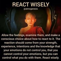 an image of buddha with the words react wisely in front of it, and there is