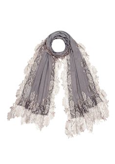 This mousse scarf is an all time classic with a little bling. Woven from a fine silk and wool blend, it features a contrasting silver floral lace border making for the perfect any time wear accessory whilst keeping you comfortably warm. For a casual or formal look, this is a must-have in every woman's wardrobe. Elegant Shawl Scarf With Lace Trim, Elegant Lace Trim Shawl Scarf, Elegant Lace Shawl Scarves, Grey Lace, Scarf Silk, Lace Scarf, Lace Border, Formal Looks, Women's Wardrobe