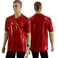 "This item is made to order, please read all the way through the listing before purchasing! This awesome shirt is made of a super sparkly, holographic red spandex.  Short sleeves.  V-Neckline The shirt measures 19\" long from the UNDERARM to the HEMLINE. Cut for a slightly loose fit. Please see mens size chart for fit. Mens Sizing (See below for instructions on where measurements should be taken) Extra Small:  Chest/32\"       Waist/26\"           Hip/33\" Small:     Chest/34\"-36\"Waist/28\"-30 Red Rave Outfit Men, Red Fitted T-shirt For Party, Casual Red Festival Shirt, Red Short Sleeve T-shirt For Party, Red Short Sleeve Sets For Festivals, Red Punk Party Tops, Metallic Short Sleeve Tops, Metallic Short Sleeve Shiny Top, Red Short Sleeve Punk T-shirt