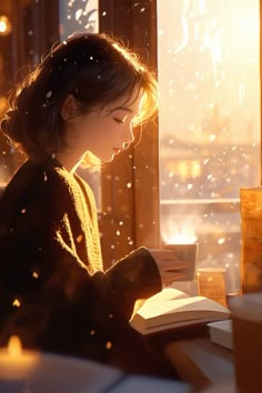 a woman sitting at a table with a book in front of her and snow falling from the window