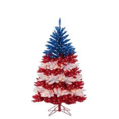 a red, white and blue christmas tree with stars on the top is standing in front of a white background