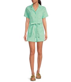 From Skies Are Blue&#x2C; this romper features:Solid cotton twill fabricationNotch collar necklineShort sleevesTwo patch chest pocketsTwo utility front waist pocketsBelt loopsSelf-tie removable beltButton front closureApprox. 28" inseamCotton/spandexMachine wash/Tumble dryImported. Casual Collared Belted Jumpsuits And Rompers, Cotton Jumpsuits And Rompers For Work With Tie Waist, Casual Belted Collared Jumpsuits And Rompers, Belted Cotton Jumpsuits And Rompers With Short Sleeves, Casual Cotton Jumpsuits And Rompers With Tie Waist, Casual Cotton Jumpsuit With Tie Waist, Spring Utility Belted Jumpsuits And Rompers, Summer Utility Cotton Jumpsuits And Rompers, Utility Cotton Jumpsuits And Rompers For Summer