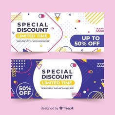 two colorful discount banners with geometric shapes