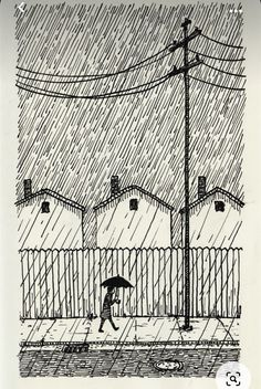 an ink drawing of a person walking in the rain with an umbrella over their head