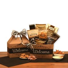 a welcome gift box with snacks and crackers