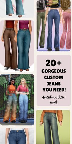 the different types of jeans for females are shown in multiple pictures and text that reads, 20 + gorgeous custom jeans you need