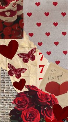 collage with red roses, hearts and envelopes