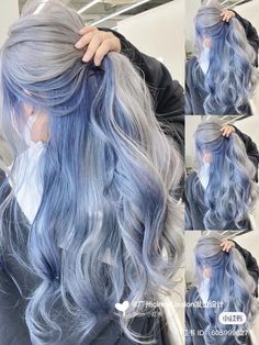 Blonde Hair Blue Underneath, Smokey Navy Hair, Undercut Colored Hair, White Blue Hair, Grey And Blue Hair, Silver And Blue Hair, Blue And White Hair, Periwinkle Hair, Hair Color Swatches