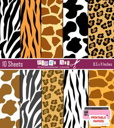 a set of animal print paper sheets in different colors and sizes, including zebras, leopard