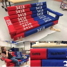 a man sitting on top of a red and blue bench in a store next to stacks of chairs