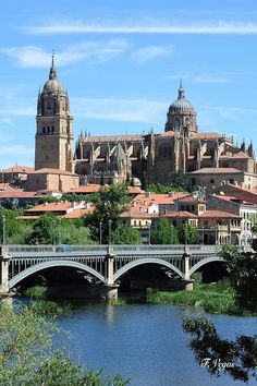 a bridge crossing over a river with buildings in the background