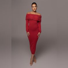 Achieve Both Style And Grace This Season In Our Red Cecyl Cable Knit Sweater Dress! This Irresistible Off The Shoulder Long Sleeve Dress Features A Thick Sweater Knit Overlay With A Bodycon Silhouette That Falls Down To A Classy Maxi Length Hem. Just Right And In Time For The Cold Weather! Stretchy. Materials: 40% Viscose 20% Polyester 15% Nylon 15% Cotton 10% Acrylic Length: (Full) 48 In. (Sleeve) 23 In. Product Origin: Imported Washing Instructions: Hand Wash Cold Undergarments: Strapless Bra Elegant Red Sweater Dress For Fall, Red Long Sleeve Sweater Dress For Party, Winter Evening Midi Sweater Dress, Elegant Red Sweater Dress For Party, Chic Red Fitted Sweater Dress, Party Bodycon Sweater Dress, Midi Length, Fitted Red Sweater Dress For Party, Red Fitted Sweater Dress For Party, Red Midi-length Bodycon Winter Dress