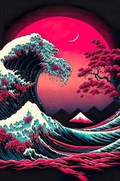 the great wave off kanji in front of an orange and pink sky with trees