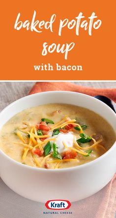 baked potato soup with bacon in a white bowl on top of a red and orange napkin