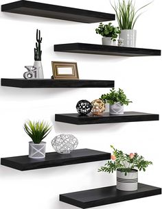 three black floating shelves with plants and pictures on them, each shelf has two different types of planters