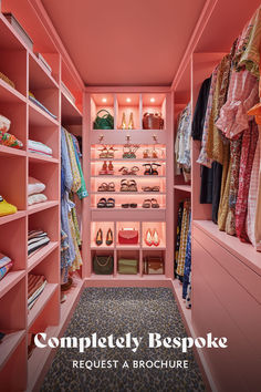 a walk in closet with pink walls and shelves filled with clothes, shoes and handbags