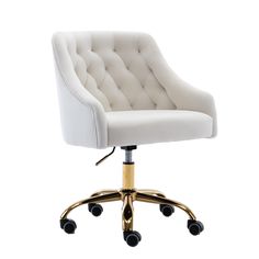 a white office chair with gold wheels and an upholstered backrest, on a white background