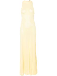 This Jacquemus maxi dress is crafted from a fine knit, semi-sheer fabric. The sleeveless dress features a crew neck, a floor-length silhouette, and a flared hem. It has a keyhole detail at the rear and a single button fastening. The dress is unlined. Luxury Yellow Fitted Maxi Dress, Jacquemus Pink Dress, Jacquemus Linen Dress, Jaquemus2020 Dress, Jacquemus Yellow, Wedding Guest Looks, City Dress, Demi Fine Jewelry, Vestido Casual