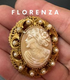 Signed FLORENZA Vintage retro ornate gold tone seed Pearl & carved shell CAMEO brooch with roll clasp Vintage Gold Intaglio Brooches, Ornate Carved Gold Brooches, Ornate Gold Carved Brooches, Elegant Carved Gold Brooches, Antique Gold Intaglio Brooches, Vintage Gold Carved Brooches, Collectible Gold Filigree Brooches, Gold Filigree Brooches Collectible, Gold Filigree Brooches For Collectors