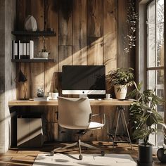 a home office with wood paneled walls and a computer desk in the corner, along with potted plants