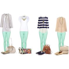 "Mint Green Skinny Jeans Combo Outfits" by foxyclaire on Polyvore Mint Green Jeans, Mint Green Pants, Mint Pants, Mint Jeans, Jeans Outfits, Outfit Jeans, Spring Summer Outfits, Jean Outfits