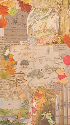 winnie the pooh poster with many different pictures and words on it's side