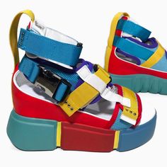 Women's Multicolored Chunky Sandals. Wedge Type Gladiator Sandal With Adjustable Velcro Straps. Decorative Silver Metal Buckle. Sizes 6, 6.5, 7, 7.5, 8, 8.5, 9, And 10. New In Box. Great Quality. Trendy Summer Streetwear Heels, Bold Wedge Heel Sandals For Summer, Bold Summer Sandals With Wedge Heel, Blue Sport Sandals With Ankle Strap For Summer, Blue Ankle Strap Sport Sandals For Summer, Casual Multicolor Sport Sandals With Removable Insole, Multicolor Sandals With Removable Insole For Summer, Trendy Multicolor Platform Wedge Sandals, Multicolor Platform Sandals For Summer