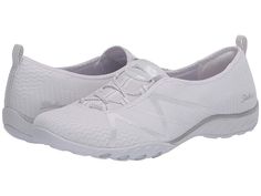 SKECHERS Breathe-Easy - A Look - Women's Shoes : White/Silver : The SKECHERS Breathe-Easy - A Look sneaker offers a sleek style and optimal comfort with a knit mesh fabric upper, satin-like fabric stripe overlays, and a washable design. Bungee stretch laced front panel for an easy slip-on fit. Rounded toe. Rear pull-tab for easy entry. Relaxed Fit design for a roomy, comfortable fit. Stretch fabric collar provides added comfort. Signature logo detailing at tongue and side heel. Breathable fabric Heel Grips, Knit Mesh, Easy A, Breathe Easy, Sleek Style, Mary Jane Flats, Skechers Women, Fabric Collars, Sleek Fashion